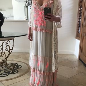 Free people embroidered maxi dress pink and beige